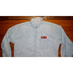 Vintage 90s ILLINOIS FIGHTING ILLINI Light Blue Denim L Button Up LS Shirt